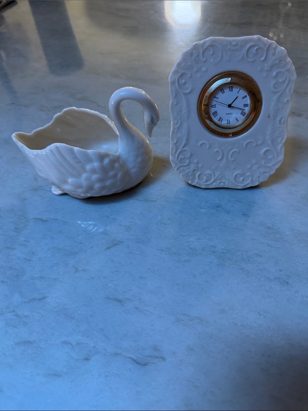 Lenox White Ceramic Swan Trinket Bowl with Ornate White Clock
